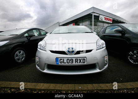 Toyota Prius. A Toyota Prius hybrid car on the forecourt of a Toyota dealer in Ashford, Kent. Stock Photo