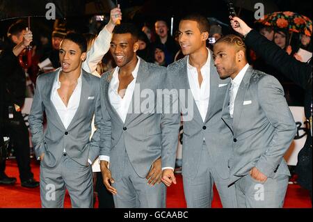 Aston Merrygold, Oritse Williams, Marvin Humes and JB of JLS (left to right) arriving for the BRIT Awards 2010, at Earls Court, London. Stock Photo