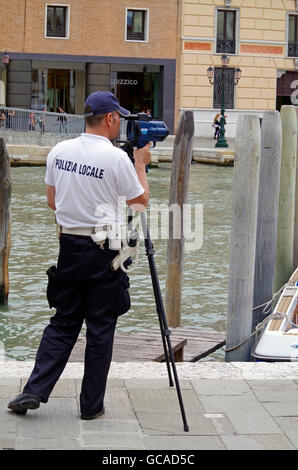 Venice, Italy, Policeman operating speed radar Stock Photo