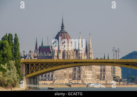 View of the parliament building from a ship, arriving to Budapest during a Danube river Cruise. Hungary Stock Photo