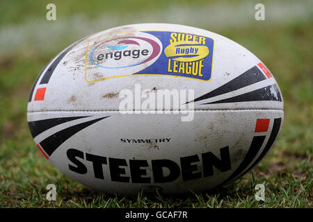 General view of an Steeden official engage Super Rugby league ball lying on the grass Stock Photo