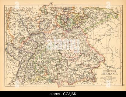 SOUTHERN GERMANY. Bavaria Wurtemberg Saxony Alsace German Lorraine, 1897 map Stock Photo