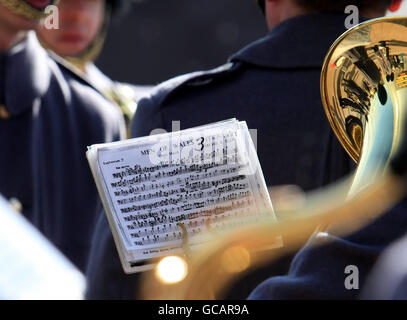 The band of the 1st Battalion Welsh Guards prepares to accompany the regiment on their homecoming parade through the city after completing a six-month tour of Afghanistan. Stock Photo