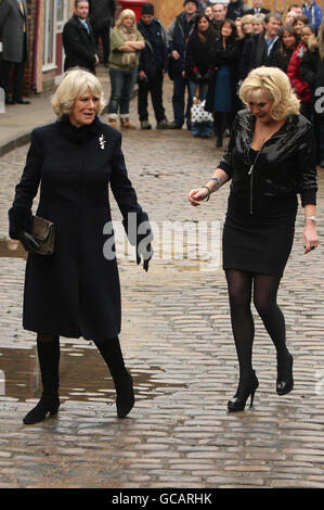 The Duchess of Cornwall accompanied by actress Beverley Callard during her visit to the set of Coronation Street in Manchester. Stock Photo