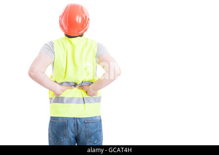 Back view of construtor man wearing protection vest and helmet with spinal injury isolated on white with advertising area Stock Photo