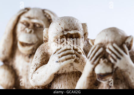 close up of hand small statues with the concept of see no evil, hear no evil and speak no evil. Stock Photo