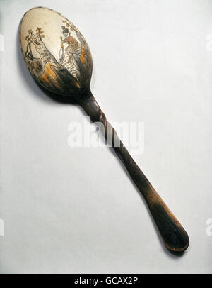 household, tableware, cutlery, spoon made of horn, hunter, carved drawing, 19th century, fine arts, Alpine folk art, hunting, historic, historical, Additional-Rights-Clearences-Not Available Stock Photo