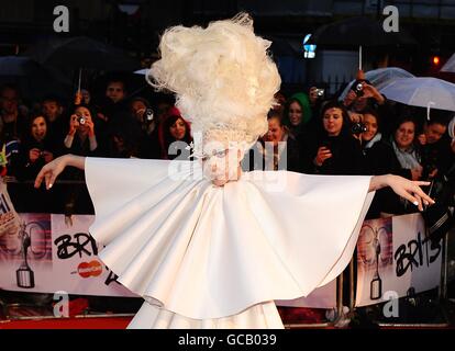 Lady Gaga arriving for the BRIT Awards 2010, at Earls Court, London. Stock Photo