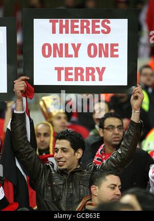 Soccer - International Friendly - England v Egypt - Wembley Stadium. An Egyptian fan holds up a sign aimed at England's John Terry, in the stands prior to kick off Stock Photo