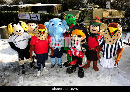 (left to right) Derby County mascot Rammie, Burton Albion mascot Billy Brewer, West Bromwich Albion Junior mascot Baggie Bird Junior, Coventry City mascot Sky Blue Sam, Northampton Town mascot Clarence The Dragon, Sheffield United mascot Captain Blade, Nottingham Forest mascot Robin Hood and West Bromwich Albion mascot Baggie Bird at the help for heroes tanks a lot day Stock Photo