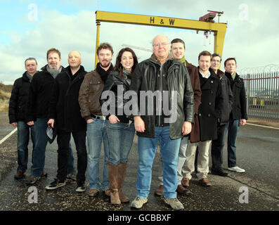 The Cast of 'Over the Bridge', at a photocall at the Harland and Wolff shipyard in Belfast. Stock Photo