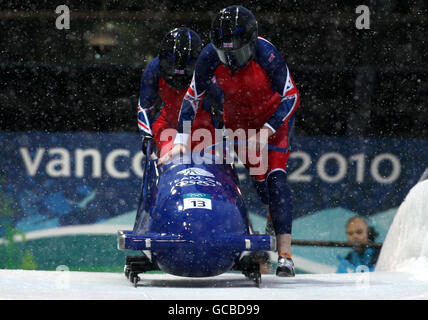 Great Britain's Paula Walker and Kelly Thomas in their first run in the Women's Two man Bobsled Heat One in the 2010 Vancouver Winter Olympic Games at the Whistler Sliding Centre in Whistler, Canada. Stock Photo