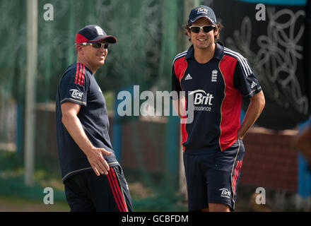 Cricket - England Nets Session - Shere Bangla National Stadium - Bangladesh. England captain Alastair Cook with coach Andy Flower during a nets session at Shere Bangla National Stadium, Mirpur, Dhaka. Stock Photo