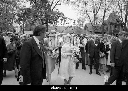 Queen Elizabeth II, third left, enjoying a walkabout in Copenhagen's Tivoli Gardens, on the second day of her State visit to Denmark. She is accompanied by Queen Margrethe of Denmark, second left. Stock Photo