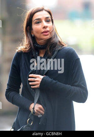 Shobna Gulati (character name Sunita Alahan) arrives at the memorial service for the late Maggie Jones who played legendary Coronation Street battle-axe Blanche Hunt at Salford Cathedral, Manchester. Stock Photo