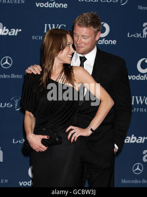 Andrew Flintoff and his wife Rachael arriving at the Laureus World Sports Awards, held at the Emirates Palace Hotel in Abu Dhabi. Stock Photo