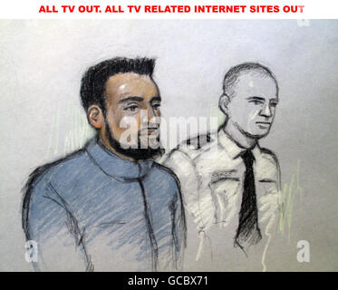 ALL TV OUT. ALL TV RELATED INTERNET SITES OUT. Courts artist Elizabeth Cook's impression of British Airways computer expert Rajib Karim, 30, of Newcastle upon Tyne, appearing at City of Westminster Magistrates, accused of two counts of planning suicide bombings and his own martyrdom. Stock Photo