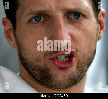 WBC Super Middleweight champion Carl Froch talks to the media during a boxing challenge at Libertys Gym, Nottingham. Stock Photo