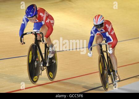 Great Britain's Victoria Pendleton (right) and Jess Varnish in the team sprint Bronze medal final during the World Track Cycling Championships at the Ballerup Super Arena, Copenhagen, Denmark. Stock Photo