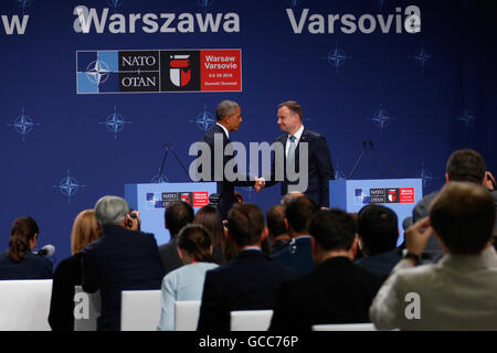 Warsaw, Poland. 8th July, 2016. Warsaw, Poland. 08th July, 2016. Joint statements of the host country president Andrzej Duda and USA president Barack Obama at the Polish National Stadium in Warsaw during NATO / OTAN summit in Poland. President Barack Obama expresed conserns about the rule of law and democratic institucions in Poland. © Dominika Zarzycka/Alamy Live News Credit:  Dominika Zarzycka/Alamy Live News Stock Photo