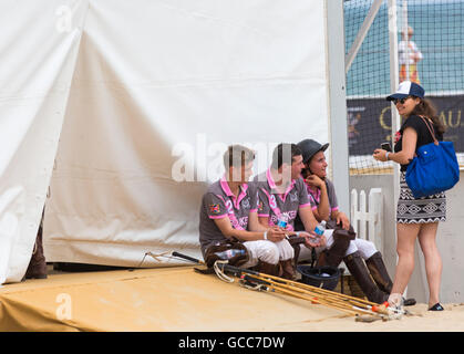 Sandbanks, Poole, Dorset, UK 8 July 2016. The British Beach Polo Championships gets underway at Sandbanks beach, Poole. The two day event takes place on Friday and Saturday, as visitors head to the beach to see the action on a warm hot sunny day. Credit:  Carolyn Jenkins/Alamy Live News Stock Photo