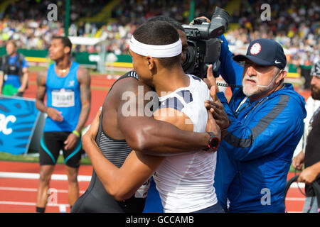 Eugene, USA. 8th July, 2016. Michael Norman and Justin Gatlin hug after the Men's 200m Semi-Finals at the 2016 USATF Olympic Trials at Historic Hayward Field in Eugene, Oregon, USA. Credit:  Joshua Rainey/Alamy Live News. Stock Photo