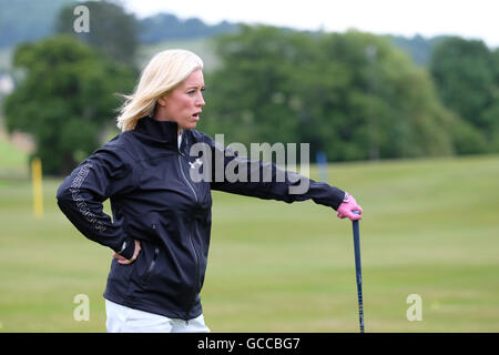 Celtic Manor, Newport, Wales - Saturday 9th July 2016 - The Celebrity Cup golf competition Denise Van Outen looking concerned on the practice green. Stock Photo