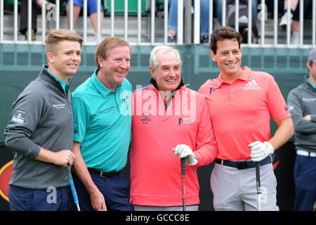 Celtic Manor, Newport, Wales - Saturday 9th July 2016 - The Celebrity Cup golf competition match Team Ireland v Team Wales, left to right Brian Ormond, Ronnie Whelan, Sir Gareth Edwards and Ioan Gruffudd get ready to tee off. Photograph Steven May / Alamy Live News Stock Photo