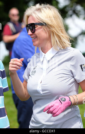 Celtic Manor, Newport, Wales - Saturday 9th July 2016 - The Celebrity Cup golf competition TV presenter Denise Van Outen wearing a pink glove playing as a member of Team England. Stock Photo