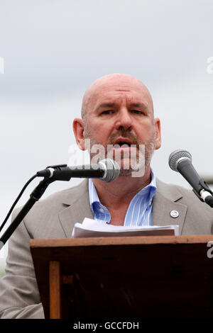 Durham, UK. 9th July, 2016. Mick Whelan, of ASLEF, speaking at the Durham Miners' Gala in Durham, England. The 2016 event was the 132nd 'Big Meeting'. Credit:  Stuart Forster/Alamy Live News Stock Photo