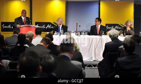 South African President Jacob Zuma (left) addresses a press briefing at Wembley Stadium. Stock Photo
