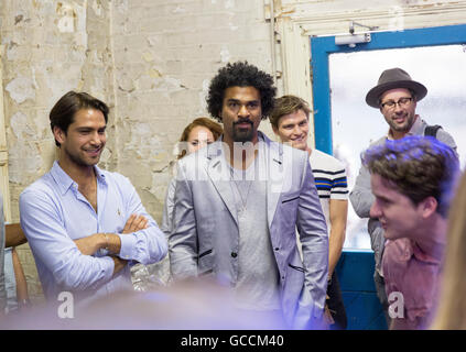 David Haye (centre) attends The Time Portal, an immersive theatre experience created by Olivier Award nominated Les Enfants Terribles and Framestore theatre companies and created in celebration of the Stella Artois partnership with the Wimbledon Championships in north London. Stock Photo