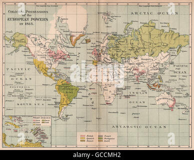 EUROPEAN POWERS' COLONIES IN 1815. British Spanish Portuguese Dutch, 1910 map Stock Photo