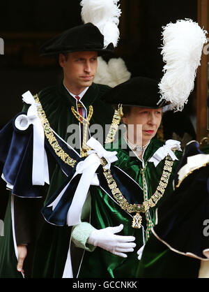 The Duke of Cambridge, known as the Earl of Strathearn while on Scotland and the Princess Royal leave St Giles' Cathedral in Edinburgh after attending the Order of the Thistle Service. Stock Photo