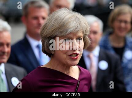 Home Secretary Theresa May makes a statement outside the Palace of Westminster, in London, after she won 199 votes for the Conservative leadership. Stock Photo