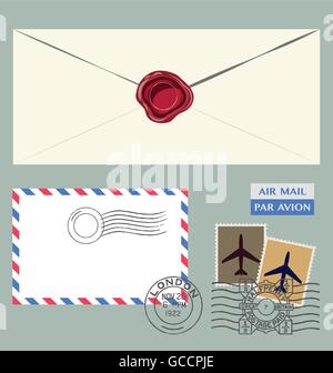 Set of postal stamps, envelope and postmarks, vector illustration Eps10 Stock Vector
