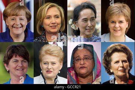 Composite photo of (top row left to right) German Chancellor Angela Merkel, Democrat frontrunner in the battle for US presidency Hillary Clinton, State Counsellor of Burma Aung San Suu Kyi, Scotland's First Minister Nicola Sturgeon, (bottom row left to right) First Minister in Northern Ireland Arlene Foster, Lithuanian President Dalia Grybauskaite, Prime Minister of the Government of the People's Republic of Bangladesh Sheikh Hasina and former Prime Minister Margaret Thatcher, who are some of the leading women around the world. Stock Photo