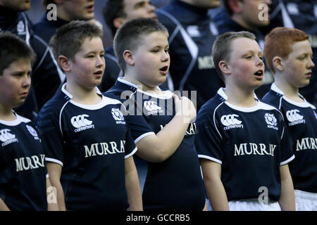 Rugby Union - RBS 6 Nations Championship 2010 - Scotland v England - Murrayfield. Scotland mascots line up in front of the players during the National Anthems Stock Photo