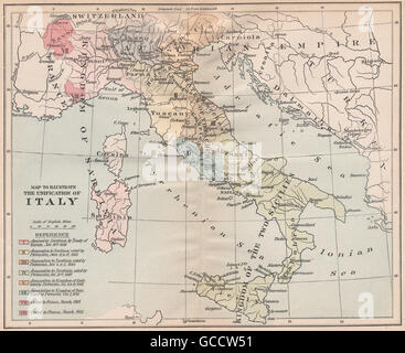UNIFICATION OF ITALY. Acquisitions & annexations 1859-1870, 1917 vintage map Stock Photo