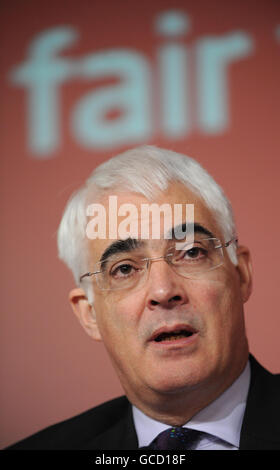 Chancellor Alistair Darling speaks during a press conference at Labour Party headquarters in London. Stock Photo