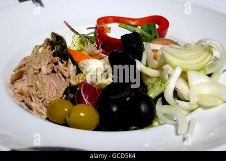 Spanish mixed salads include fresh lettuce, onions, tomatoes, olives, chicken or tuna, peppers, carrots and sometimes asparagus Stock Photo