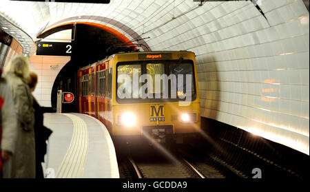 A Newcastle Metro Train arrives at Haymarket Metro station in Newcastle, after the revamped station was officially opened by the Princess Royal. Stock Photo