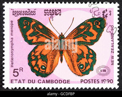 GROOTEBROEK ,THE NETHERLANDS - MARCH 20,2016 : A stamp printed by Cambodia, shows butterfly, circa 1990. Stock Photo
