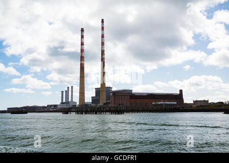 The Poolbeg chimneys viewed from a boat in Dublin bay, Dublin, Ireland Stock Photo