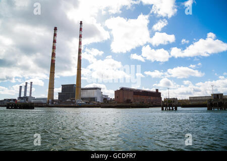 The Poolbeg chimneys viewed from a boat in Dublin bay, Dublin, Ireland Stock Photo