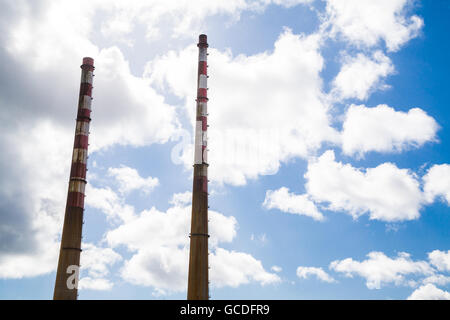 The Poolbeg chimneys viewed from a boat in Dublin bay, Dublin, Ireland Stock Photo