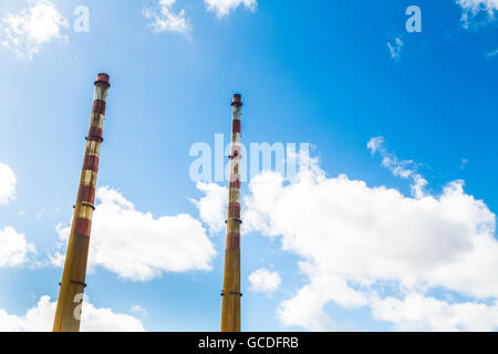 The Poolbeg chimneys viewed from a boat in Dublin bay, Dublin, Ireland Stock Photo