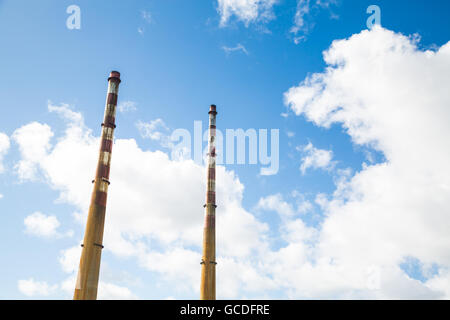 The Poolbeg chimneys viewed from a boat in Dublin bay, Dublin, Ireland Stock Photo