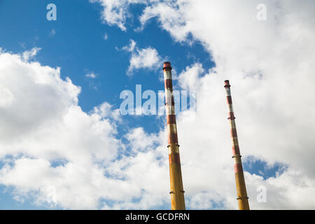 The Poolbeg chimneys viewed from a boat in Dublin bay, Dublin, Ireland Stock Photo