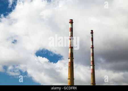 The Poolbeg chimneys viewed from a boat in Dublin bay, Dublin, Ireland Stock Photo